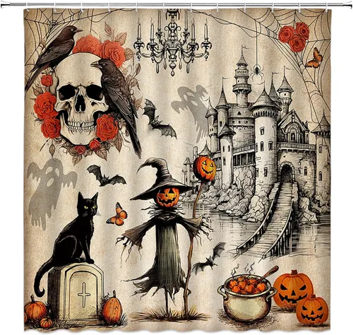 Miniatura 4 de Cortina de ducha de Halloween, castillo aterrador, calabaza, camión, calavera, murciélago de terror, luna llena, bruja, tela gótica, juego