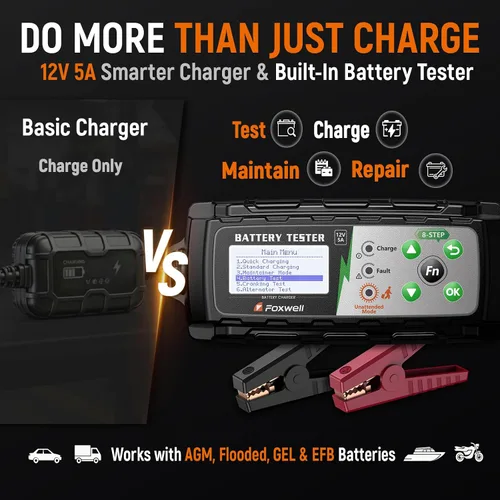 Miniatura 2 de FOXWELL BC521: cargador de batería de coche de 12 V con probador, mantenedor de batería inteligente 4 en 1 5A, prueba de estado de la batería