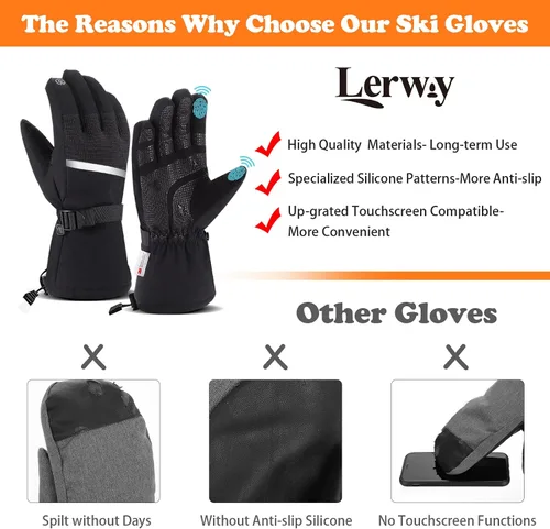 Miniatura 4 de LERWAY Guantes de esquí impermeables de invierno guantes de nieve cálidos para pantalla táctil, resistentes al viento, para hombres y mujeres