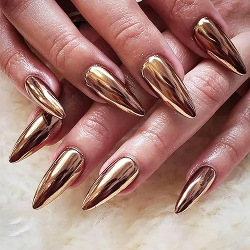 Miniatura 13 de Uñas postizas cromadas negras a presión de almendra mediana, uñas postizas de aguja con diseño brillante, uñas postizas acrílicas de metal brillante