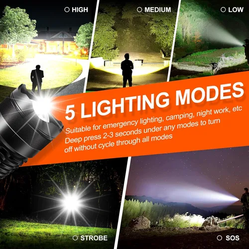 Miniatura 3 de Linternas recargables, 250000 lúmenes de alto lumen linterna LED súper brillante con 3 modos, IP65 impermeable, linterna potente de mano para caza