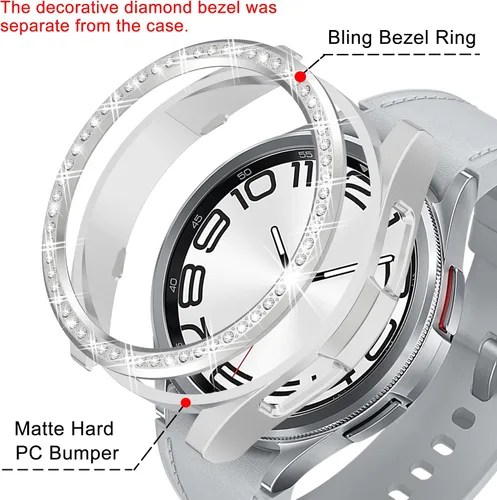 Miniatura 3 de Funda de reloj 2 en 1 para Samsung Galaxy Watch 6 Classic de 1.850 in (SM-R960), cubierta protectora de policarbonato con anillo bisel de diamantes