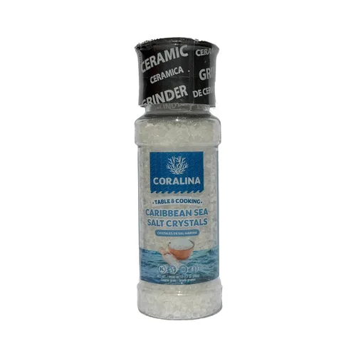 Coralina Cristales de sal marina del Caribe con molinillo - Grueso y crujiente - Evaporado solar - Mejora el ensalado, carnes, mariscos y cócteles -
