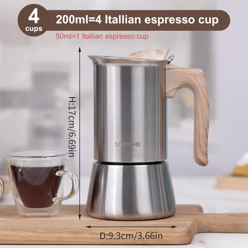 Miniatura 4 de Sivaphe Cafetera de 4 tazas de Acero Inoxidable para Estufa Soporte de Inducción Olla Moka Italiana de 10 oz Cafetera Cubana Duradera 200ml