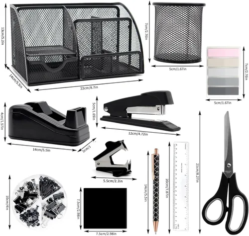 Miniatura 4 de Organizadores y accesorios de escritorio negros, juego de 12 piezas de suministros de oficina con soporte para bolígrafos, soporte de cinta