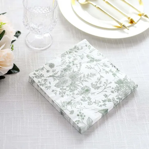 Efavormart - Paquete de 20 servilletas de papel con estampado floral blanco y verde salvia, altamente absorbentes, suaves, de 2 capas, desechables,