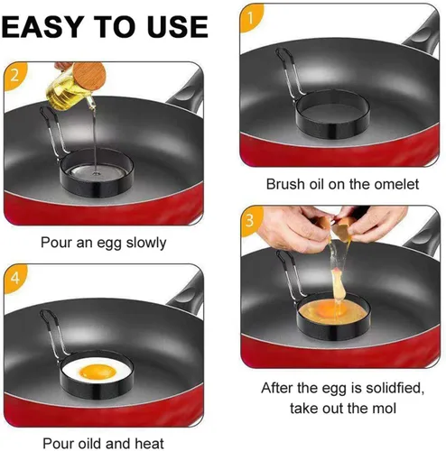 Miniatura 4 de Paquete de 4 moldes de acero inoxidable para anillos de huevo con moldes de metal antiadherentes para sándwiches de huevo frito, para freír o dar