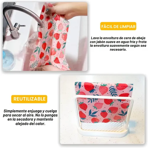Miniatura 5 de Envoltura de cera de abeja reutilizable, paquete de 9 envolturas ecológicas de cera de abeja para alimentos, orgánica, sostenible, biodegradable