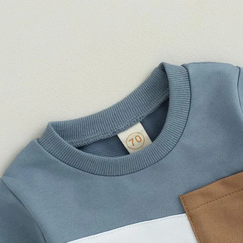 Miniatura 4 de BeQeuewll Ropa para bebé niño de otoño e invierno, 2 piezas, bloque de color, sudadera y pantalones con cuello redondo