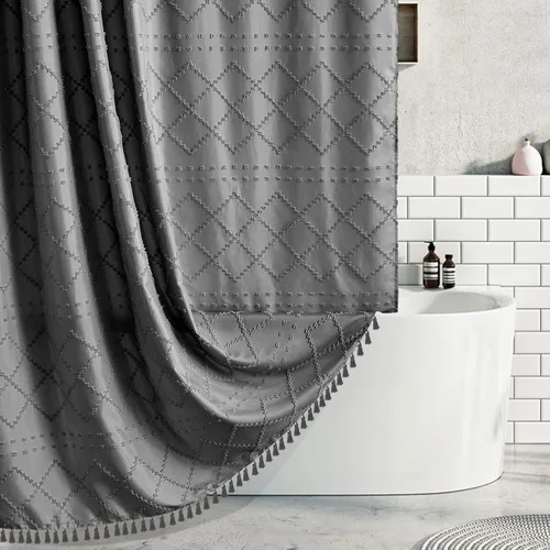 Miniatura 36 de Siiluminisoy Cortina de ducha bohemia rosa con textura y borlas de 72 x 72 pulgadas con tul, cortina de ducha de chenilla tejida con rayas chevrón