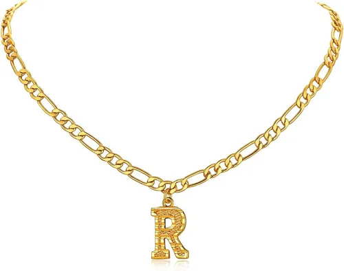 FOCALOOK Collares de letra inicial de oro para hombres, adolescentes y niños, chapado en oro de 18 quilates, cadena de letra inicial A-Z, 16 pulgadas