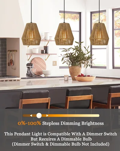 Miniatura 2 de ELYONA Luces colgantes tejidas estilo bohemio de 7 pulgadas, lámpara colgante de ratán rústico ajustable, cortina de cesta tejida a mano, accesorios