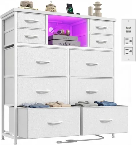 Cómoda blanca para dormitorio con estación de carga y luces LED, 10 cajones de tela con estantes abiertos, cómoda resistente organizador de Blanco