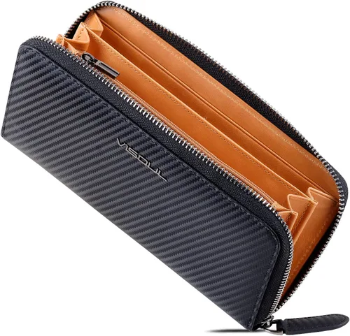 Miniatura 58 de VISOUL Cartera larga de cuero con cremallera para hombres y mujeres con bloqueo RFID, cartera larga de embrague grande con cremallera, Negro