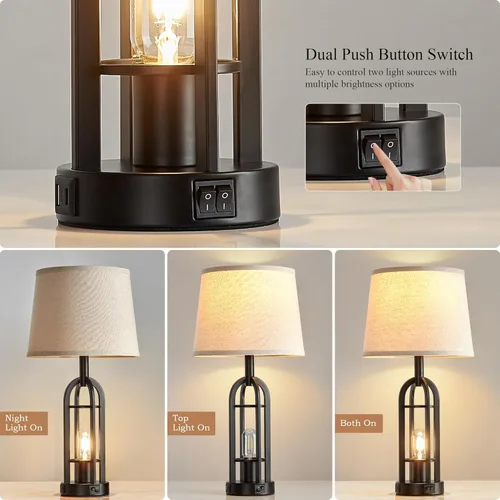 Miniatura 2 de SRJJA Juego de 2 lámparas de mesa negras para sala de estar, lámparas de granja para mesitas de noche con USB A+C, lámparas de noche