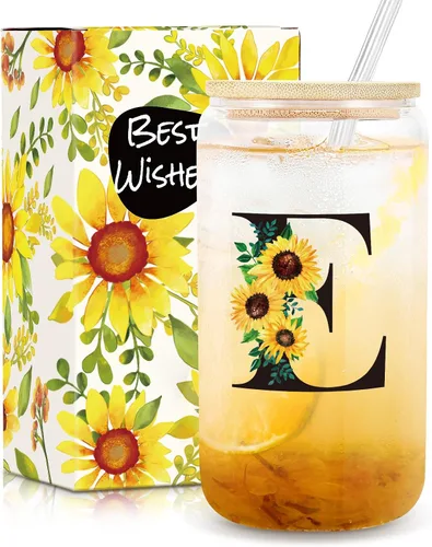 Miniatura 17 de Frerdui Regalos de cumpleaños para mujeres, vasos de vidrio con inicial con tapas y pajitas, regalo de girasol para mujeres, regalo personalizado