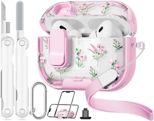 Miniatura 23 de con bloqueo de seguridad para funda de AirPods Pro 2ª 1ª generación, funda transparente floral linda para AirPods Pro 2 con soporte para teléfono