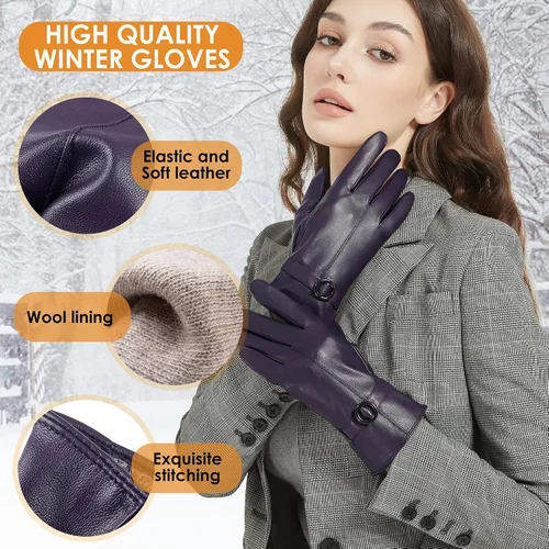 Miniatura 2 de Guantes de cuero de invierno para mujer, guantes de piel de cordero para pantalla táctil