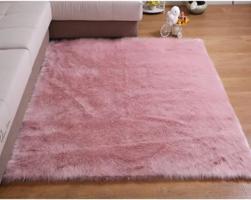Miniatura 5 de Alfombra de piel sintética suave de lujo de piel de oveja esponjosa y lanuda para silla de dormitorio, sofá o para salón, color rosa bebé, alfombra