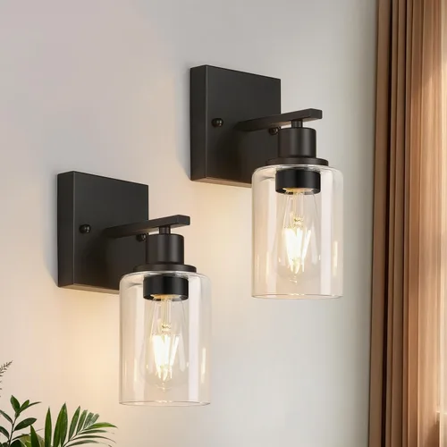 Indoi Juego de 2 apliques de pared para baño, luces modernas de tocador negro mate con pantalla de vidrio transparente, lámpara de pared de baño