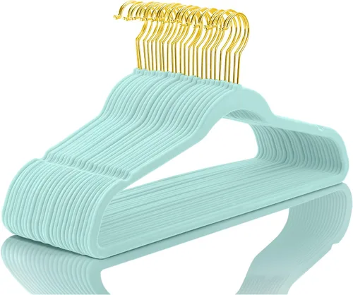 Miniatura 11 de MIZGI Perchas de terciopelo prémium (paquete de 50) resistentes y antideslizantes, perchas de terciopelo rosa rubor - ganchos dorados, perchas