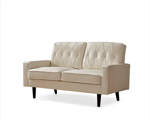 Miniatura 4 de Container Furniture Direct Sofá biplaza de piel sintética de estilo moderno con elegantes patas redondas cónicas y respaldo copetudo con botones