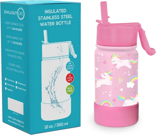 Miniatura 2 de CHILLOUT LIFE Botella de agua aislada para niños de 12 onzas para la escuela con tapa con pajilla, a prueba de fugas y bonitas calcomanías Unicornio