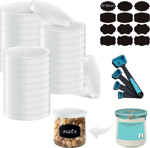 Tapas para tarros de yogur Oui - Paquete de 32 tapas para tarros de yogur sellados contra fugas, tapas de plástico transparente para recipientes de