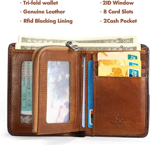 Miniatura 2 de Billetera para hombre con cremallera de cuero genuino RFID tarjeteros de piel de vaca con cremallera bolsillo para monedas, carteras plegables