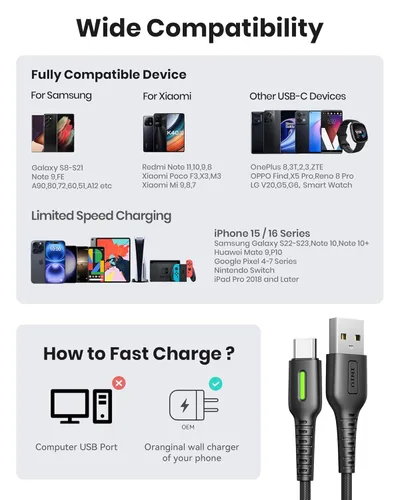 Miniatura 6 de INIU Cable USB C, paquete de 5 [1.6/3.3/6.6 pies] 3.1A cable de carga rápida tipo C, cable de carga USB A a USB-C trenzado de nailon para iPhone 16