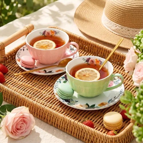 Miniatura 5 de Lyellfe Juego de 2 tazas de té y platillos, tazas de té florales de 8 onzas con cuchara, tazas de café británicas de porcelana para fiestas