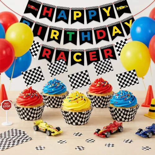 Miniatura 4 de TecUnite 100 piezas de banderas a cuadros de carreras para cupcakes y 100 piezas de decoración de cupcakes de carreras de coches de carreras