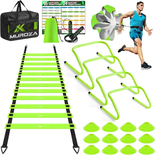 Miniatura 12 de MUROZA Agility Ladder, Agility Speed Training Equipment Set, 20ft Speed Ladder, 12 Soccer Cones, 4 Hurdles, Jump Rope, Running Parachute, Soccer Azul
