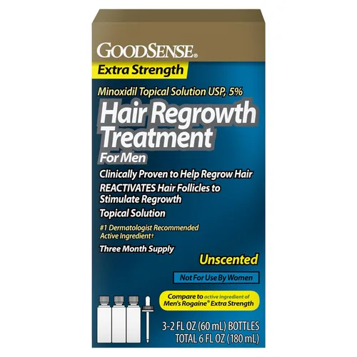 GoodSense Minoxidil Solución tópica USP, 5 por ciento, tratamiento de recrecimiento del cabello para hombres, extra fuerte 6 onzas líquidas (paquete