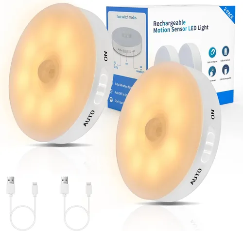Luz de sensor de movimiento LED recargable mejorada para interiores, batería brillante y duradera, luces de disco adhesivas con sensor de movimiento
