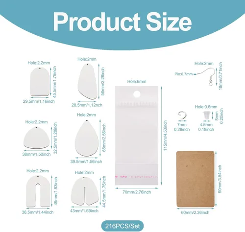 Miniatura 2 de Spritewelry 18 pares de productos de sublimación en blanco para sublimación, aretes de MDF sin terminar con tarjetas, anillos de salto, ganchos