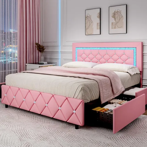 Base de cama tamaño queen con luces LED, plataforma tapizada con cajones de almacenamiento, cama princesa con cabecera y cabecera de diamante, no