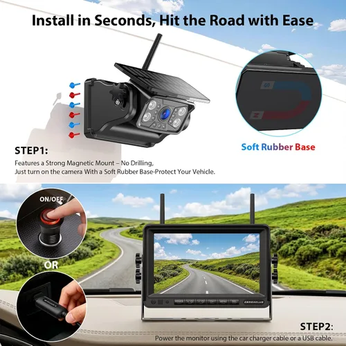 Miniatura 5 de Sistema de cámara de respaldo inalámbrica solar magnética, monitor HD 1080P de 7" con cámara de visión trasera para RV/remolque/quinta rueda/camper