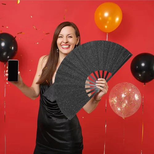 Miniatura 3 de Ventilador de mano plegable grande para rave, ventilador de estallido para baile de línea, ventilador plegable para exteriores, boda, fiesta, Negro