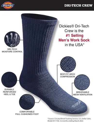 Miniatura 2 de Dickies - Calcetines altos con control de humedad, con tecnología Dri-Tech para hombre, paquete de varias