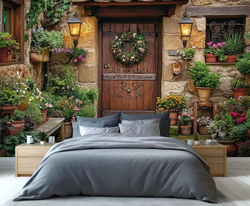 Miniatura 24 de Papel tapiz 3D de bicicleta rosa vintage, murales de flores de paisaje de primavera para sala de estar, pintura al óleo, papel tapiz rústico