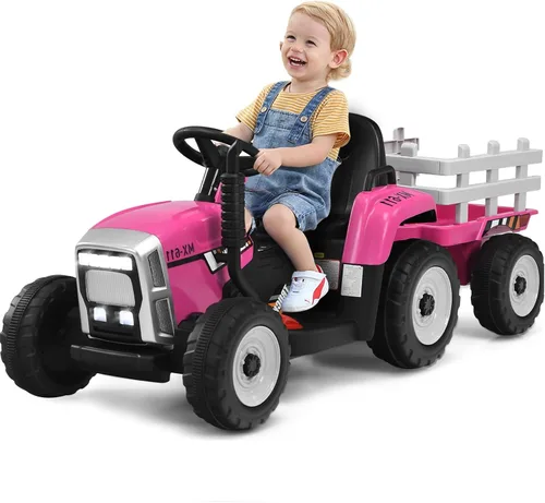 Miniatura 12 de OLAKIDS Tractor de paseo para niños de 12 V, vehículo eléctrico 2 en 1 con control remoto, remolque desmontable, juguete de conducción a batería Rojo