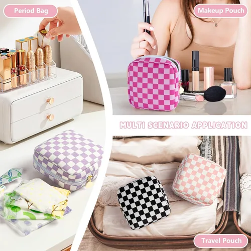 Miniatura 7 de Bolsa de maquillaje pequeña de 5.1 x 5.1 pulgadas para monedero, material flocado, mini bolsa de maquillaje de viaje con dos bolsillos internos
