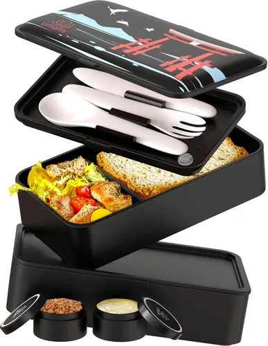 Miniatura 14 de Umami Cajas de almuerzo con 4 utensilios, tarro de salsa, Caja bento apilable que ahorra espacio para adultos, 100% a prueba de fugas, contenedores