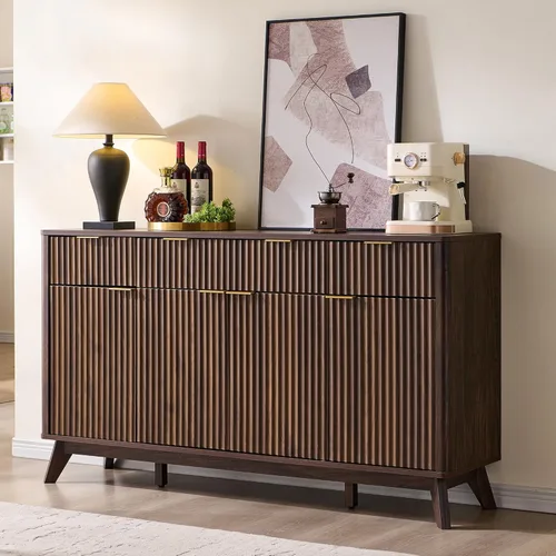 Miniatura 6 de T4TREAM - Aparador de buffet estriado con almacenamiento, mesa de aparador moderna grande de 60" con barra de café, barra de vino, gabinete de Nogal