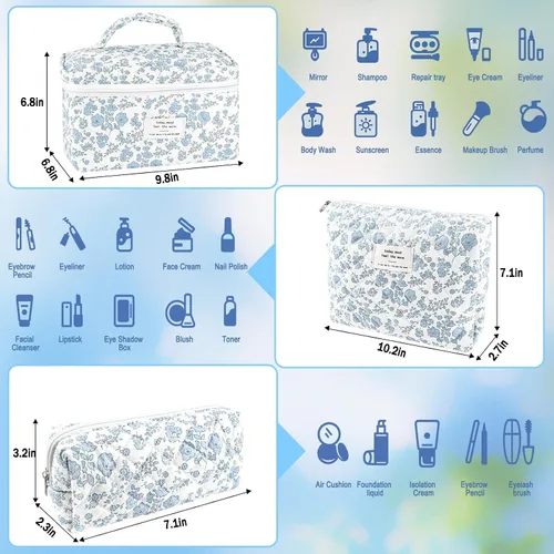 Miniatura 3 de URSKYTOUS Juego de 3 Bolsas de Maquillaje Acolchadas, Set de Bolsas de Cosméticos con Lazo para Viaje, Bolsa Grande de Maquillaje para Mujeres