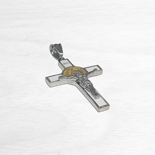 Miniatura 3 de Unique Saint Benedict Crucifijoen dos tonos de oro y plata color inoxidable St Benedict Cruz Collar
