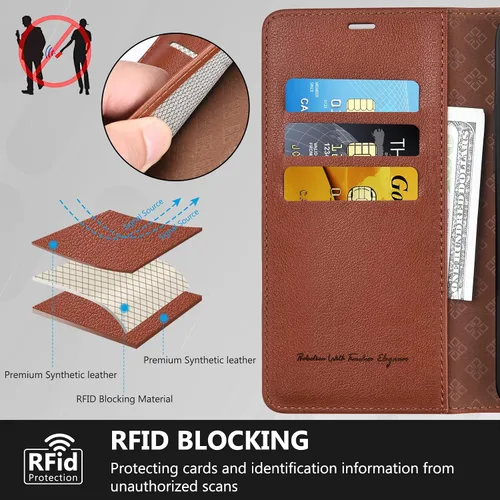 Miniatura 4 de Funda tipo cartera para iPhone 13 Pro Max de 6.7 pulgadas, con bloqueo RFID, tarjeteros, función atril, cierre magnético, de piel sintética, Coñac