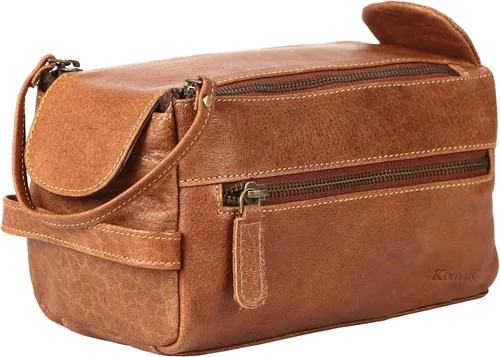 Miniatura 10 de KomalC Bolsa de aseo premium de cuero de búfalo para hombres y mujeres con forro resistente al agua, neceser de viaje unisex para artículos de aseo