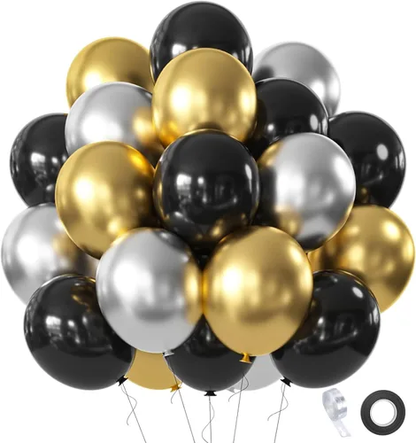 Juego de 60 globos de color negro dorado y plateado, 60 globos metálicos cromados dorados y plateados de 12 pulgadas para cumpleaños, boda,